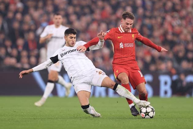 Football - UEFA Champions League - League Phase - Liverpool v Bayer Leverkusen 5th November 2024 - UEFA Champions League - League Phase - Liverpool v Bayer Leverkusen - Exequiel Palacios of Bayer Leverkusen tackles Alexis Mac Allister of Liverpool - Photo: Simon Stacpoole Offside. Liverpool UK Copyright: xSimonxStacpoolexOffside
