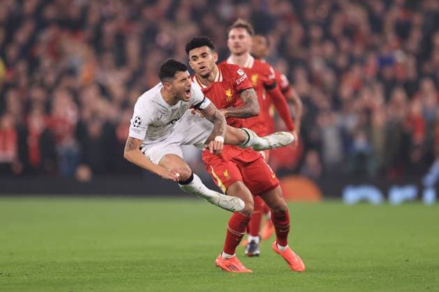 Football - UEFA Champions League - League Phase - Liverpool v Bayer Leverkusen 5th November 2024 - UEFA Champions League - League Phase - Liverpool v Bayer Leverkusen - Exequiel Palacios of Bayer Leverkusen is fouled by Luis Diaz of Liverpool - Photo: Simon Stacpoole Offside. Liverpool UK Copyright: xSimonxStacpoolexOffside