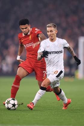 Football - UEFA Champions League - League Phase - Liverpool v Bayer Leverkusen 5th November 2024 - UEFA Champions League - League Phase - Liverpool v Bayer Leverkusen - Alex Grimaldo of Bayer Leverkusen battles with Luis Diaz of Liverpool - Photo: Simon Stacpoole Offside. Liverpool UK Copyright: xSimonxStacpoolexOffside