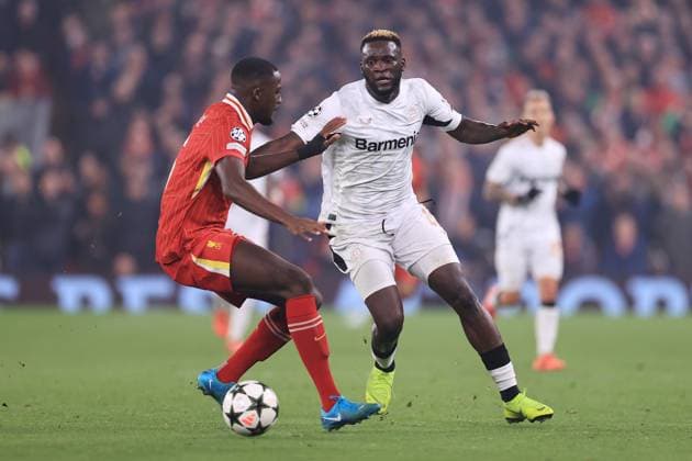 Football - UEFA Champions League - League Phase - Liverpool v Bayer Leverkusen 5th November 2024 - UEFA Champions League - League Phase - Liverpool v Bayer Leverkusen - Victor Boniface of Bayer Leverkusen battles with Ibrahima Konate of Liverpool - Photo: Simon Stacpoole Offside. Liverpool UK Copyright: xSimonxStacpoolexOffside