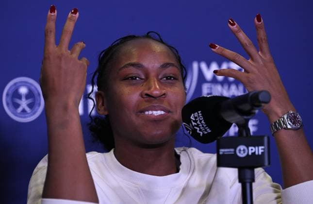 WTA, Tennis Damen Finals 2024 - Day 4 RIYADH, SAUDI ARABIA - NOVEMBER 05: Coco Gauff of USA during a press conference, PK, Pressekonferenz after she won against Iga Swiatek of Poland, on day 4 of the 2024 WTA Finals, part of the Hologic WTA Tour, held at King Saud University Indoor Arena on November 05, 2024, in Riyadh, Saudi Arabia. Riyadh Saudi Arabia  Copyright: xArturxWidakx originalFilename:widak-wtafinal241105_npgzD.jpg