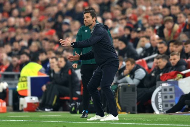 Liverpool, England, 5th November 2024. Xabi Alonso, manager of Bayer Leverkusen, reacts during the UEFA Champions League match at Anfield, Liverpool. Picture credit should read: Jessica Hornby Sportimage EDITORIAL USE ONLY. No use with unauthorised audio, video, data, fixture lists, club league logos or live services. Online in-match use limited to 120 images, no video emulation. No use in betting, games or single club league player publications. SPI-3439-0116