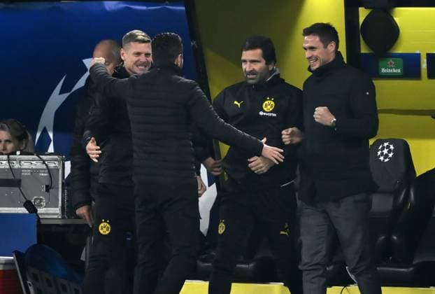 Jubel nach dem Abpfiff Sebastian Kehl (Sportdirektor Borussia Dortmund), Co Trainer Joao Tralhao (Borussia Dortmund), Trainer Nuri Sahin (Borussia Dortmund), Co Trainer Lukasz Piszczek (Borussia Dortmund), v.re. 05.11.2024, Fussball UEFA Champions League 2024 25, 4. Spieltag Borussia Dortmund - SK Sturm Graz 1:0 Dortmund Signal Iduna Park Nordrhein Westfalen Deutschland
