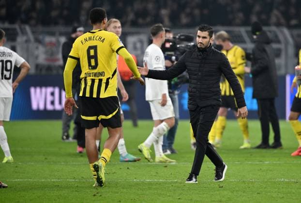 Trainer Nuri Sahin (Borussia Dortmund) mit Felix Nmecha (Borussia Dortmund) 05.11.2024, Fussball UEFA Champions League 2024 25, 4. Spieltag Borussia Dortmund - SK Sturm Graz 1:0 Dortmund Signal Iduna Park Nordrhein Westfalen Deutschland