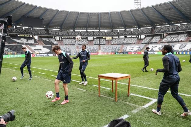 Union s players pictured during a training session of Belgian soccer team Royale Union Saint-Gilloise in Brussels, on Wednesday 06 November 2024. The team prepares for tomorrow s match against Italian team AS Roma, in the fourth day (out of 8) of the League phase of the UEFA Europa League tournament. BRUNOxFAHY  x104705498x