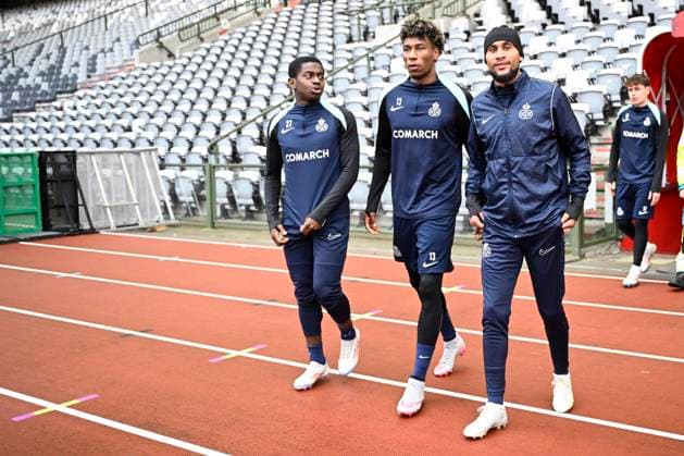 Media activities Royale Union Saint-Gilloise - UEFA Europa League BRUSSEL, BELGIUM - NOVEMBER 06 : Sadiki Noah defender of Royale Union Saint-Gilloise, Rodriguez Cortez Kevin Jose forward of Royale Union Saint-Gilloise and Loic Lapoussin pictured during a training session prior the UEFA Europa League phase match between Royale Union Saint-Gilloise and AS Roma on November 6, 2024 in Brussel, Belgium, 06 11 2024 Brussel Belgium  Copyright: xPeterxDexVoechtx