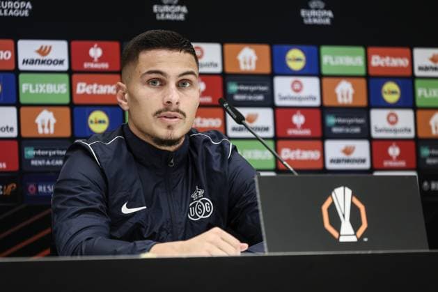 Union s Franjo Ivanovic pictured during a press conference, PK, Pressekonferenz of Belgian soccer team Royale Union Saint-Gilloise in Brussels, on Wednesday 06 November 2024. The team prepares for tomorrow s match against Italian team AS Roma, in the fourth day (out of 8) of the League phase of the UEFA Europa League tournament. BRUNOxFAHY  x104709791x