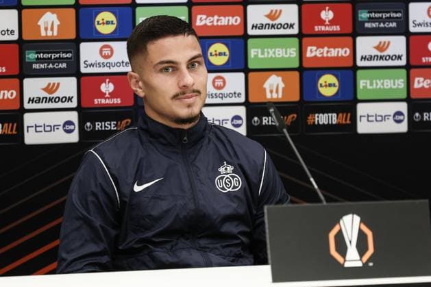 Union s Franjo Ivanovic pictured during a press conference, PK, Pressekonferenz of Belgian soccer team Royale Union Saint-Gilloise in Brussels, on Wednesday 06 November 2024. The team prepares for tomorrow s match against Italian team AS Roma, in the fourth day (out of 8) of the League phase of the UEFA Europa League tournament. BRUNOxFAHY  x104709849x