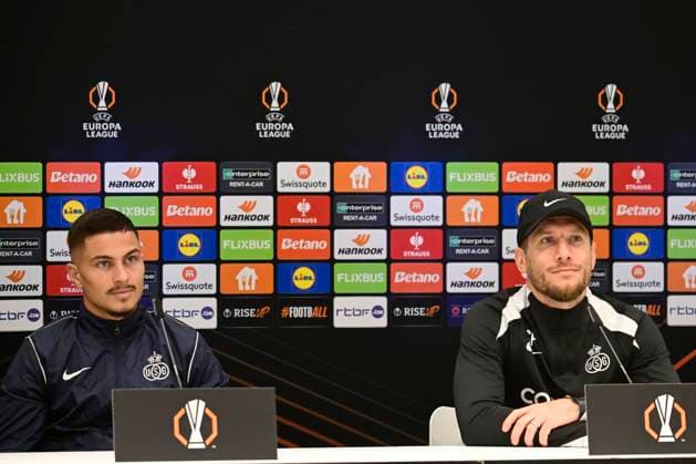 Media activities Royale Union Saint-Gilloise - UEFA Europa League BRUSSEL, BELGIUM - NOVEMBER 06 : Ivanovic Franjo forward of Royale Union Saint-Gilloise and Pocognoli Sebastien head coach of Royale Union Saint-Gilloise pictured during a press conference, PK, Pressekonferenz prior the UEFA Europa League phase match between Royale Union Saint-Gilloise and AS Roma on November 6, 2024 in Brussel, Belgium, 06 11 2024 Brussel Belgium  Copyright: xPeterxDexVoechtx