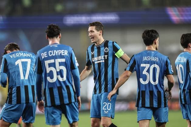 Club s players celebrate after winning a soccer game between Belgian Club Brugge KV and English Aston Villa F.C., Wednesday 06 November 2024 in Brugge, on the fourth day of the UEFA Champions League league phase. BRUNOxFAHY  x104744435x