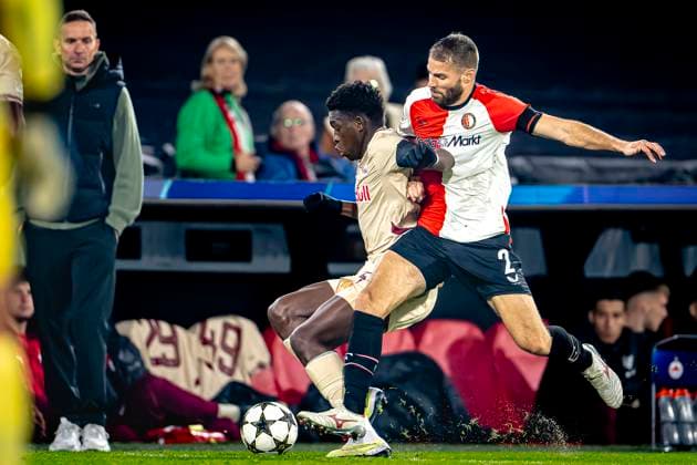 Red Bull Salzburg midfielder Lucas Gourna-Douath, Feyenoord Rotterdam defender Bart Nieuwkoop, during the match Feyenoord - Salzburg at the Feyenoord stadium De Kuip for the UEFA Champions League - League phase - Matchday 4 season 2024-2025 in ROTTERDAM, Netherlands on 6 november 2024, (photo by Marcel van Dorst EYE4images DeFodi Images) not used in POL SRB CRO FRA GBR NED ITA USA Defodi-746_198380