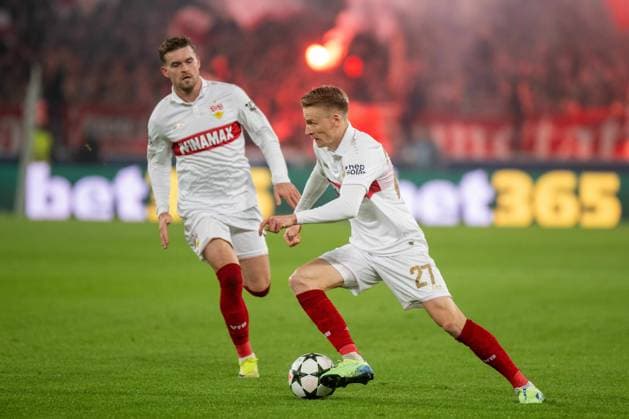 Maximilian Mittelstädt und Chris Führich (VfB Stuttgart). xettx, Deutschland, Stuttgart, 06.11.2024, Fussball, UEFA Champions League: VfB Stuttgart vs Atalanta Bergamo, Saison 2024 2025, Match Day 4, MHP Arena Foto: A2 Bildagentur Peter Hartenfelser
