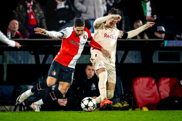 Feyenoord Rotterdam forwarder Luka Ivanusec, Red Bull Salzburg midfielder Nicolas Capaldo, during the match Feyenoord - Salzburg at the Feyenoord stadium De Kuip for the UEFA Champions League - League phase - Matchday 4 season 2024-2025 in ROTTERDAM, Netherlands on 6 november 2024, (photo by Marcel van Dorst EYE4images DeFodi Images) not used in POL SRB CRO FRA GBR NED ITA USA Defodi-746_198458