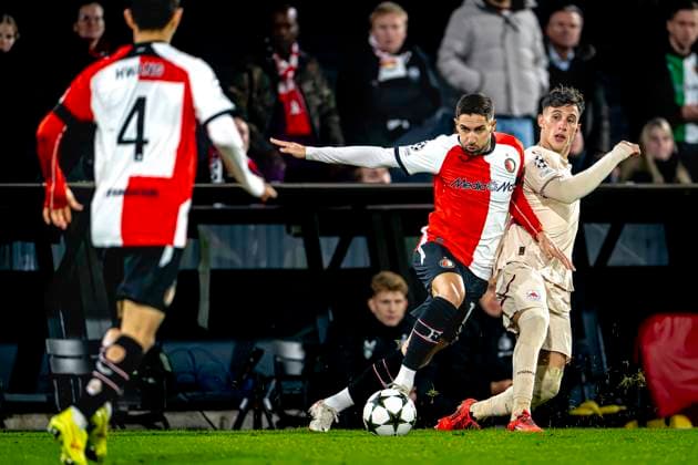 Feyenoord Rotterdam forwarder Luka Ivanusec, Red Bull Salzburg midfielder Nicolas Capaldo, during the match Feyenoord - Salzburg at the Feyenoord stadium De Kuip for the UEFA Champions League - League phase - Matchday 4 season 2024-2025 in ROTTERDAM, Netherlands on 6 november 2024, (photo by Marcel van Dorst EYE4images DeFodi Images) not used in POL SRB CRO FRA GBR NED ITA USA Defodi-746_198462