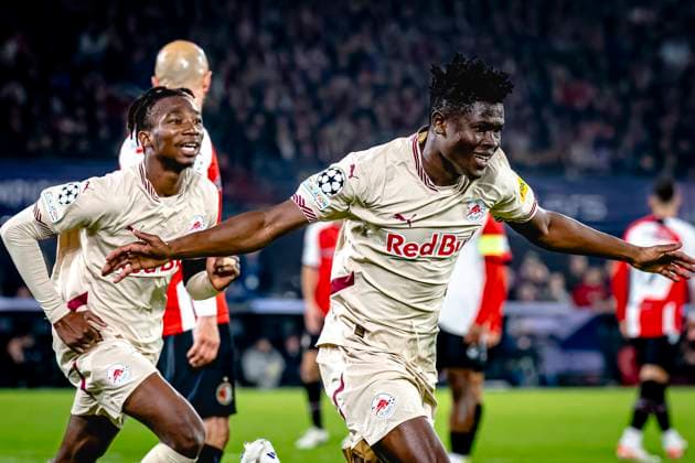 Red Bull Salzburg forwarder Karim Konate celebrating the goal, during the match Feyenoord - Salzburg at the Feyenoord stadium De Kuip for the UEFA Champions League - League phase - Matchday 4 season 2024-2025 in ROTTERDAM, Netherlands on 6 november 2024, (photo by Marcel van Dorst EYE4images DeFodi Images) not used in POL SRB CRO FRA GBR NED ITA USA Defodi-746_198481