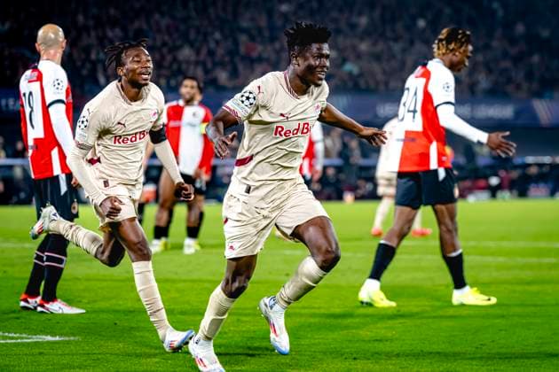 Red Bull Salzburg forwarder Karim Konate celebrating the goal, during the match Feyenoord - Salzburg at the Feyenoord stadium De Kuip for the UEFA Champions League - League phase - Matchday 4 season 2024-2025 in ROTTERDAM, Netherlands on 6 november 2024, (photo by Marcel van Dorst EYE4images DeFodi Images) not used in POL SRB CRO FRA GBR NED ITA USA Defodi-746_198483