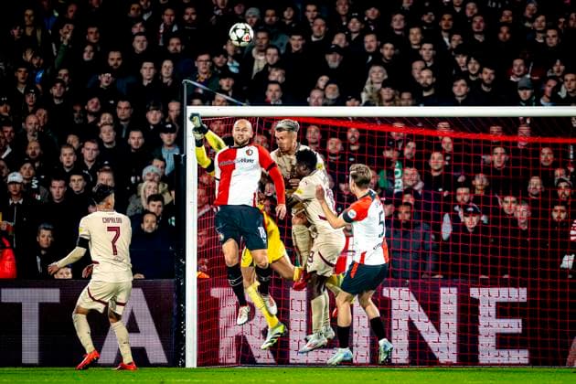Feyenoord Rotterdam defender Gernot Trauner, Red Bull Salzburg goalkeeper Janis Blaswich, during the match Feyenoord - Salzburg at the Feyenoord stadium De Kuip for the UEFA Champions League - League phase - Matchday 4 season 2024-2025 in ROTTERDAM, Netherlands on 6 november 2024, (photo by Marcel van Dorst EYE4images DeFodi Images) not used in POL SRB CRO FRA GBR NED ITA USA Defodi-746_198495