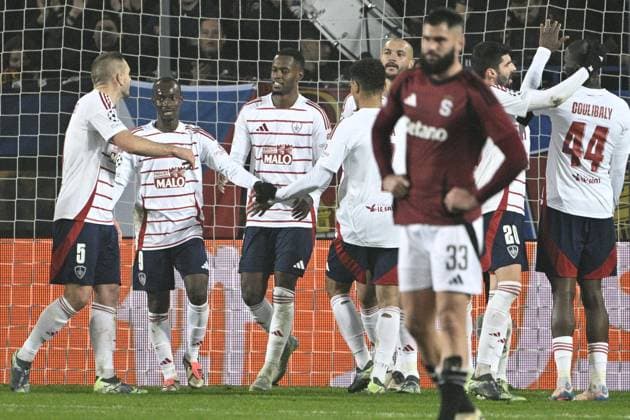 Soccer players of Brest celebrate second goal during the Football Champions League 4th round match Sparta Prague vs Stade Brestois in Prague, Czech Republic, November 6, 2024. Front is Elias Cobbaut of Sparta. (CTKxPhoto MichalxKamaryt) CTKPhotoP2024110612889  CTKPhotoP2024110612889