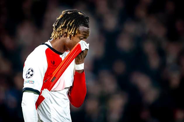 Referee Aleksandr Radius gives Feyenoord Rotterdam midfielder Chris-Kevin Nadje a red card, during the match Feyenoord - Salzburg at the Feyenoord stadium De Kuip for the UEFA Champions League - League phase - Matchday 4 season 2024-2025 in ROTTERDAM, Netherlands on 6 november 2024, (photo by Marcel van Dorst EYE4images DeFodi Images) not used in POL SRB CRO FRA GBR NED ITA USA Defodi-746_198510