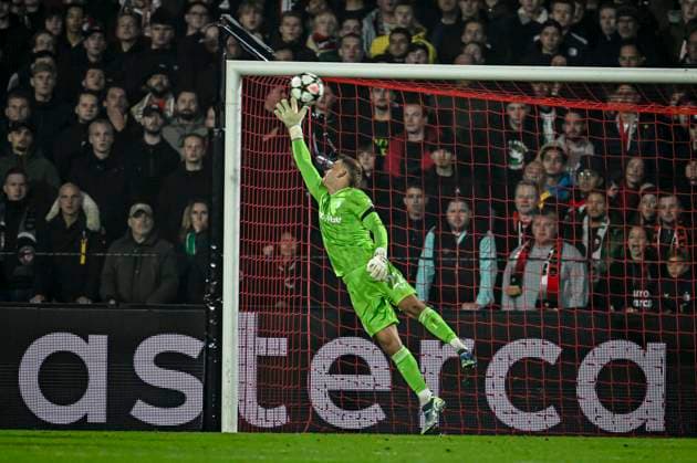 Feyenoord Rotterdam goalkeeper Timon Wellenreuther, during the match Feyenoord - Salzburg at the Feyenoord stadium De Kuip for the UEFA Champions League - League phase - Matchday 4 season 2024-2025 in ROTTERDAM, Netherlands on 6 november 2024, (photo by Stefan Koops EYE4images DeFodi Images) not used in POL SRB CRO FRA GBR NED ITA USA Defodi-746_198517