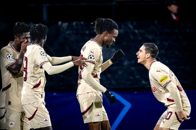 Red Bull Salzburg midfielder Lucas Gourna-Douath celebrating the goal, during the match Feyenoord - Salzburg at the Feyenoord stadium De Kuip for the UEFA Champions League - League phase - Matchday 4 season 2024-2025 in ROTTERDAM, Netherlands on 6 november 2024, (photo by Marcel van Dorst EYE4images DeFodi Images) not used in POL SRB CRO FRA GBR NED ITA USA Defodi-746_198520