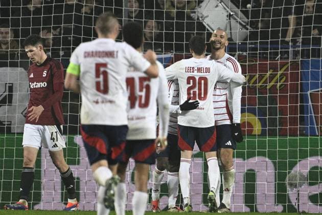 Soccer players of Stade Brest celebrate a goal during the Football Champions League 4th round match Sparta Prague vs Stade Brestois in Prague, Czech Republic, November 6, 2024. At left is Martin Vitik of Sparta. (CTKxPhoto MichalxKamaryt) CTKPhotoP2024110612933  CTKPhotoP2024110612933