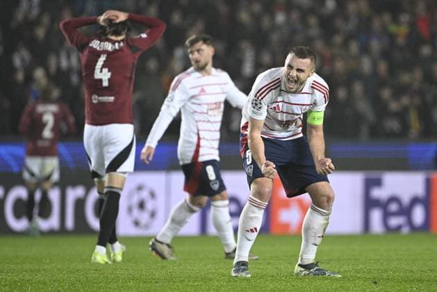 Brendan Chardonnet of Brest (right) celebrates victory after the Football Champions League 4th round match Sparta Prague vs Stade Brestois in Prague, Czech Republic, November 6, 2024. (CTKxPhoto MichalxKamaryt) CTKPhotoP2024110613296  CTKPhotoP2024110613296