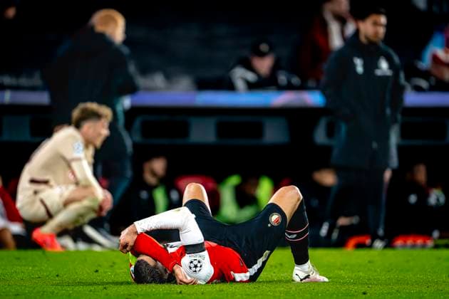Feyenoord Rotterdam defender David Hancko dejected after the lost game, during the match Feyenoord - Salzburg at the Feyenoord stadium De Kuip for the UEFA Champions League - League phase - Matchday 4 season 2024-2025 in ROTTERDAM, Netherlands on 6 november 2024, (photo by Marcel van Dorst EYE4images DeFodi Images) not used in POL SRB CRO FRA GBR NED ITA USA Defodi-746_198618