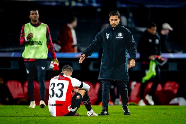 Feyenoord Rotterdam defender David Hancko dejected after the lost game, during the match Feyenoord - Salzburg at the Feyenoord stadium De Kuip for the UEFA Champions League - League phase - Matchday 4 season 2024-2025 in ROTTERDAM, Netherlands on 6 november 2024, (photo by Marcel van Dorst EYE4images DeFodi Images) not used in POL SRB CRO FRA GBR NED ITA USA Defodi-746_198620