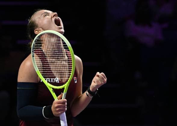 Sport Themen der Woche KW45 Sport Bilder des Tages WTA, Tennis Damen Finals 2024 - Day 6 RIYADH, SAUDI ARABIA - NOVEMBER 07: Barbora Krejcikova of Czech Republic celebrates after winning her match against Coco Gauff of USA, on Day 6 of the 2024 WTA Finals, part of the Hologic WTA Tour, held at King Saud University Indoor Arena on November 07, 2024, in Riyadh, Saudi Arabia. Riyadh Saudi Arabia  Copyright: xArturxWidakx originalFilename:widak-wtafinal241107_npmCY.jpg