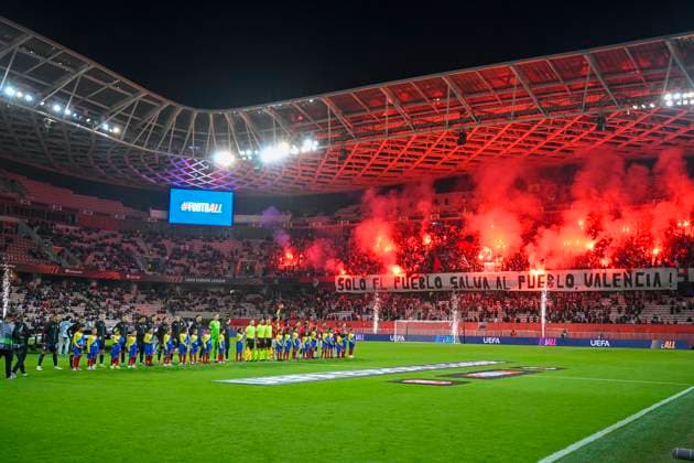 Supporter of OGC Nice Football Team tifo for Spain flood. OGC Nice vs FC TWENTE, C3 EUROPA LEAGUE in Allianz Riviera Stadium, NICE, France, on 07 November, 2024. FOOTBALL : OGC Nice vs FC TWENTE - EUROPA LEAGUE - 07 11 24 FredDides Panoramic 