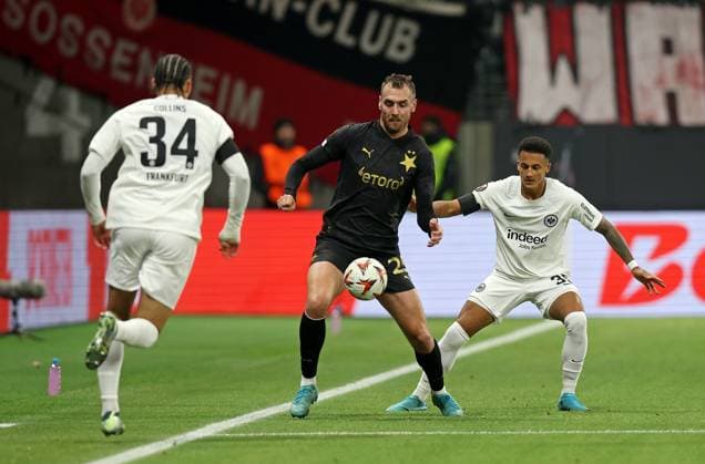 07.11.2024, xovx, Fußball UEFA Europa League, Eintracht Frankfurt - Slavia Prag v.l. Nnamdi Collins (Eintracht Frankfurt), Tomas Chory (Slavia Prag), Tuta (Eintracht Frankfurt) (DFL DFB REGULATIONS PROHIBIT ANY USE OF PHOTOGRAPHS as IMAGE SEQUENCES and or QUASI-VIDEO) emspor Frankfurt am Main