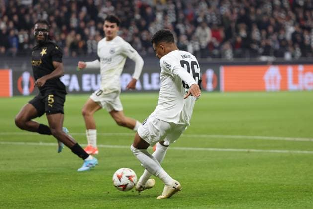 Torabschluss Ansgar Knauff (Eintracht Frankfurt , Nr. 36) , Eintracht Frankfurt - Slavia Prag , Fussball, UEFA Europa League , UEL, Saison 2024 2025, Matchday 4, 07.11.2024, -