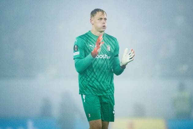 241107 Goalkeeper Lukas Hornicek of Braga celebrates after 0-1 during the Europa League match between Elfsborg and Braga on November 7, 2024 in Boras. Photo: Jörgen Jarnberger BILDBYRAN COP 112 JJ0415 fotboll football soccer fotball uefa europa league europa league elfsborg braga bbeng jubel Copyright: JÖRGENxJARNBERGER BB241107JJ038