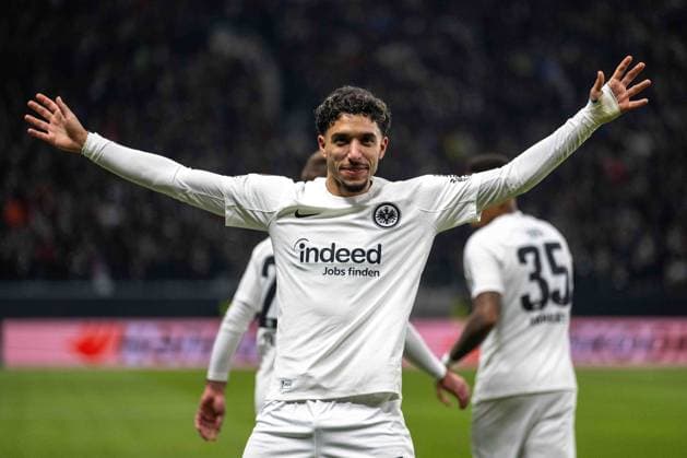 Omar Marmoush (Eintracht Frankfurt) celebrates after scoring his team s first goal during the UEFA Europa League 2024 25 League Phase MD4 match between Eintracht Frankfurt v SK Slavia Praha at Deutsche Bank Park on November 7, 2024 in Frankfurt am Main, Germany. not used in POL SRB CRO FRA GBR NED ITA USA Defodi-747_747_20241107_EFSlPr_000000100