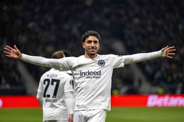 Omar Marmoush (Eintracht Frankfurt) celebrates after scoring his team s first goal during the UEFA Europa League 2024 25 League Phase MD4 match between Eintracht Frankfurt v SK Slavia Praha at Deutsche Bank Park on November 7, 2024 in Frankfurt am Main, Germany. not used in POL SRB CRO FRA GBR NED ITA USA Defodi-747_747_20241107_EFSlPr_000000101
