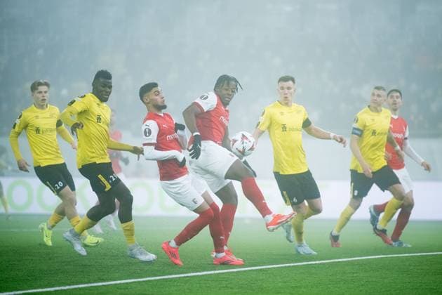 241107 Gabri Martinez and Bright Array-Mbi of Braga against Ibrahim Buhari, Andri Fannar Baldursson and Sebastian Holmen of Elfsborg of Elfsborg during the Europa League match between Elfsborg and Braga on November 7, 2024 in Boras. Photo: Jörgen Jarnberger BILDBYRAN COP 112 JJ0415 fotboll football soccer fotball uefa europa league europa league elfsborg braga bbeng Copyright: JÖRGENxJARNBERGER BB241107JJ042