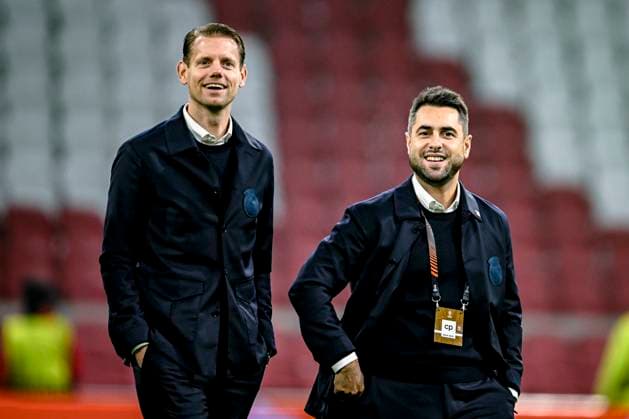AFC Ajax Amsterdam assistant trainer Dave Vos, AFC Ajax Amsterdam assistant trainer Felipe Sanchez Mateos, during the match Ajax - Maccabi Tel Aviv at the Johan Cruijff ArenA for the UEFA Europa League - League phase - Matchday 4 season 2024-2025 in AMSTERDAM, Netherlands on 7 november 2024, (photo by Stefan Koops EYE4images DeFodi Images) not used in POL SRB CRO FRA GBR NED ITA USA Defodi-746_198758