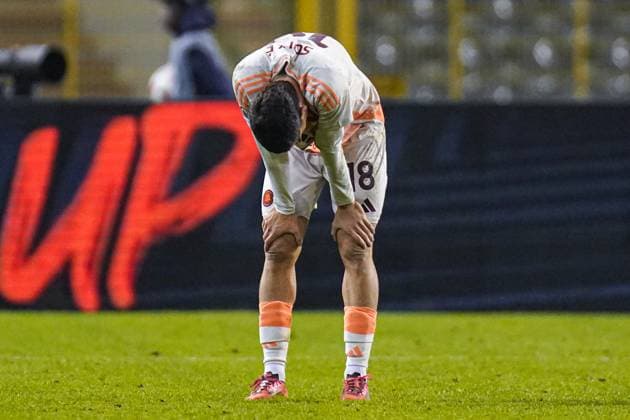 2024-11-07 R. Union Saint-Gilloise v AS Roma - UEFA Europa League 2024 25 League Phase MD4 BRUSSELS, BELGIUM - NOVEMBER 7: Matias Soule of AS Roma disappointed after the draw during the UEFA Europa League 2024 25 League Phase MD4 match between R. Union Saint-Gilloise and AS Roma at King Baudouin Stadium on November 7, 2024 in Brussels, Belgium. (Photo by Joris Verwijst BSR Agency) Brussels Belgium Content not available for redistribution in The Netherlands directly or indirectly through any third parties. Copyright: xBSRxAgencyx