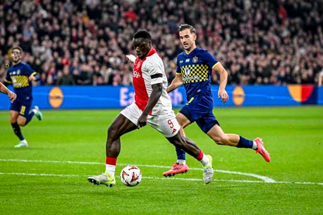 AFC Ajax Amsterdam forwarder Brian Brobbey, Maccabi Tel Aviv defender Nemanja Stojic, during the match Ajax - Maccabi Tel Aviv at the Johan Cruijff ArenA for the UEFA Europa League - League phase - Matchday 4 season 2024-2025 in AMSTERDAM, Netherlands on 7 november 2024, (photo by Stefan Koops EYE4images DeFodi Images) not used in POL SRB CRO FRA GBR NED ITA USA Defodi-746_198782