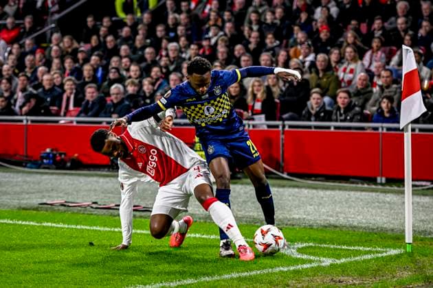 AFC Ajax Amsterdam defender Jorrel Hato, Maccabi Tel Aviv midfielder Issouf Sissokho, during the match Ajax - Maccabi Tel Aviv at the Johan Cruijff ArenA for the UEFA Europa League - League phase - Matchday 4 season 2024-2025 in AMSTERDAM, Netherlands on 7 november 2024, (photo by Stefan Koops EYE4images DeFodi Images) not used in POL SRB CRO FRA GBR NED ITA USA Defodi-746_198783