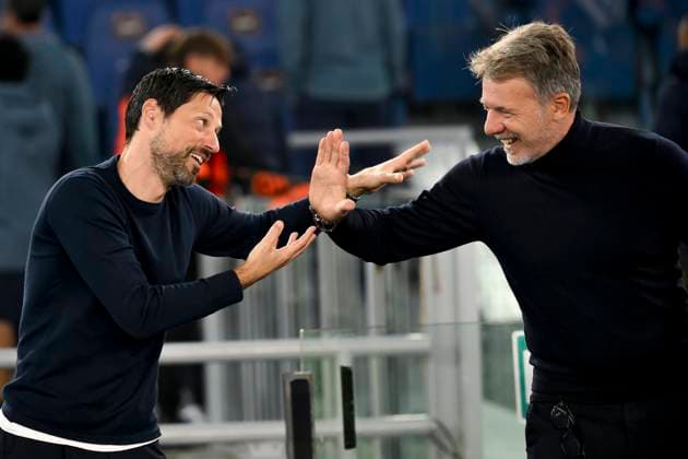 Vitor Bruno, head coach of FC Porto, and Marco Baroni, head coach of SS Lazio, greet each other during the Europa League football match between SS Lazio and FC Porto at Olimpico stadium in Rome (Italy), November 7, 2024. AntoniettaxBaldassarre