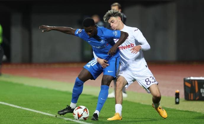 FK RFS s Haruna Rasid Njie and Anderlecht s Tristan Degreef fight for the ball during a soccer match between Latvian Rigas FS and Belgian RSC Anderlecht, in Riga, Latvia, Thursday 07 November 2024, on the fourth day of the League phase of the UEFA Europa League tournament. VIRGINIExLEFOUR  x104835996x