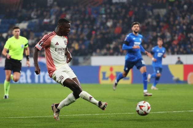 07.11.2024, xtvx, Fussball UEFA Europa League, TSG 1899 Hoffenheim - Olympique Lyon emspor, v.l. Sael Kumbedi (Olympique Lyon) Torschuss, has a shot on goal (DFL DFB REGULATIONS PROHIBIT ANY USE OF PHOTOGRAPHS as IMAGE SEQUENCES and or QUASI-VIDEO) Sinsheim