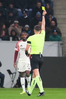 07.11.2024, xtvx, Fussball UEFA Europa League, TSG 1899 Hoffenheim - Olympique Lyon emspor, v.l. Gelbe Karte, yellow card Clinton Mata (Olympique Lyon) Schiedsrichter Marian Barbu (DFL DFB REGULATIONS PROHIBIT ANY USE OF PHOTOGRAPHS as IMAGE SEQUENCES and or QUASI-VIDEO) Sinsheim