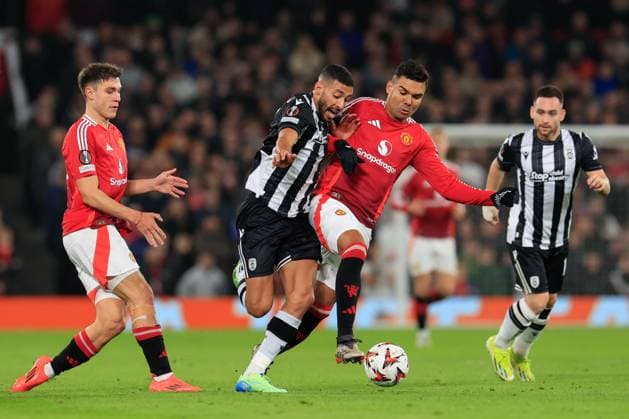 Manchester United, ManU v PAOK Salonica Europa League 07 11 2024. Tarik Tissoudali (34) of PAOK Salonika and Casemiro (18) of Manchester United challenge for the ball during the Europa League match between Manchester United and PAOK Salonica at Old Trafford, Manchester, England on 7 November 2024. Manchester Old Trafford Greater Manchester England Editorial use only , Copyright: xConorxMolloyx PSI-20778-0029