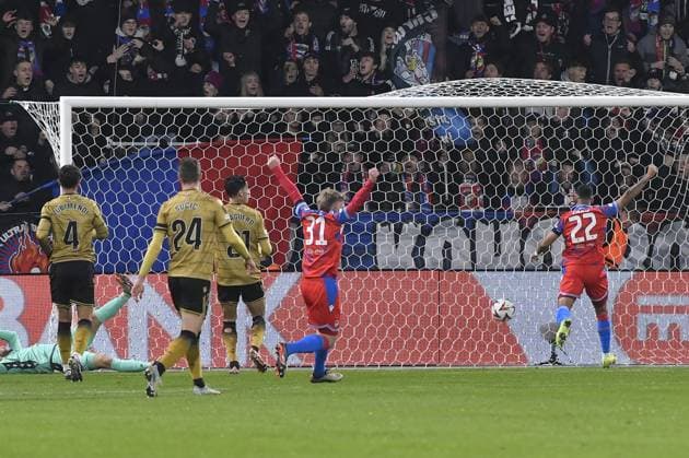 L-R Martin Zubimendi, Luka Sucic and Nayef Aguerd (all San Sebastian) and Plzen players Pavel Sulc (31) and Cadu (22) celebrate after scoring a goal in the Europa League 4th round match Viktoria Plzen vs Real Sociedad San Sebastian in Pilsen, Czech Republic, November 7, 2024. (CTKxPhoto MiroslavxChaloupka) CTKPhotoP2024110709312  CTKPhotoP2024110709312