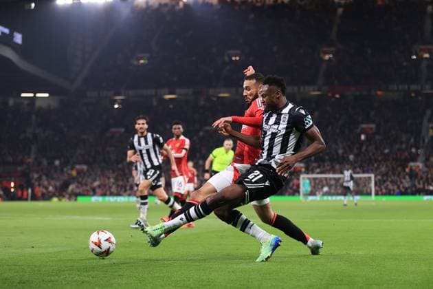 Football - UEFA Europa League - League Phase - Manchester United, ManU v PAOK Salonika 7th November 2024 - UEFA Europa League - League Phase - Manchester United v PAOK Salonika - Baba Rahman of PAOK Salonika battles with Noussair Mazraoui of Manchester United - Photo: Simon Stacpoole Offside. Manchester UK Copyright: xSimonxStacpoolexOffside