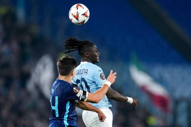 S.S. Lazio v FC Porto - UEFA Europa League 2024 25 League Phase MD4 Francisco Moura of FC Porto and Loum Tchaouna of SS Lazio jump for the ball during the UEFA Europa League 2024 25 League Phase MD4 match between SS Lazio and FC Porto at Stadio Olimpico on November 07, 2024 in Rome, Italy. Rome Stadio Olimpico Rome Italy Copyright: xGiuseppexMaffiax UEL_Lazio-Porto_071124_DSC9073