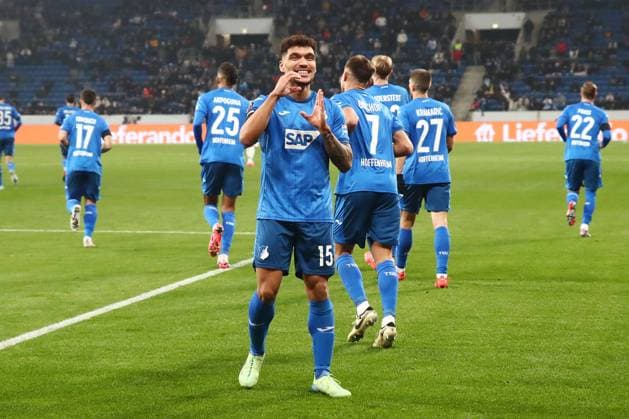 07.11.2024, xtvx, Fussball UEFA Europa League, TSG 1899 Hoffenheim - Olympique Lyon emspor, v.l. Goal scored, Tor zum 1:0 Valentin Gendrey (TSG 1899 Hoffenheim) Torjubel, Goal celebration, celebrate the goal, celebrates scoring (DFL DFB REGULATIONS PROHIBIT ANY USE OF PHOTOGRAPHS as IMAGE SEQUENCES and or QUASI-VIDEO) Sinsheim